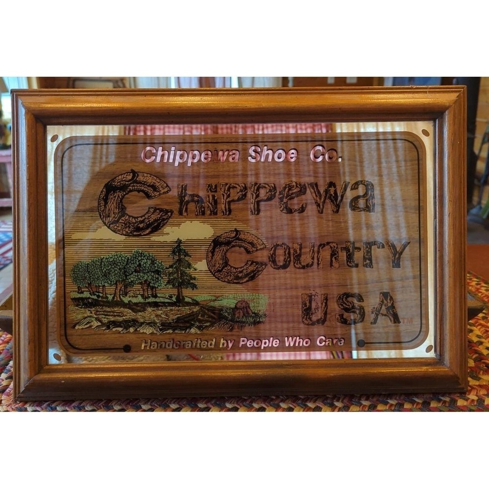 Vintage Chippewa Shoe Co. Reverse Painted Mirror Sign Chippewa Country USA